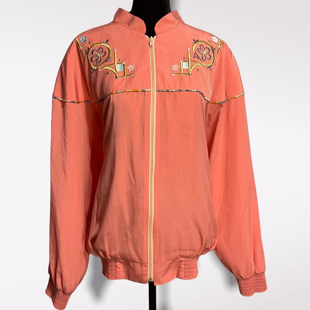 Vintage Jordana Bomber Jacket Coat Women's XL Pink Embroidered Studded 80s 90s